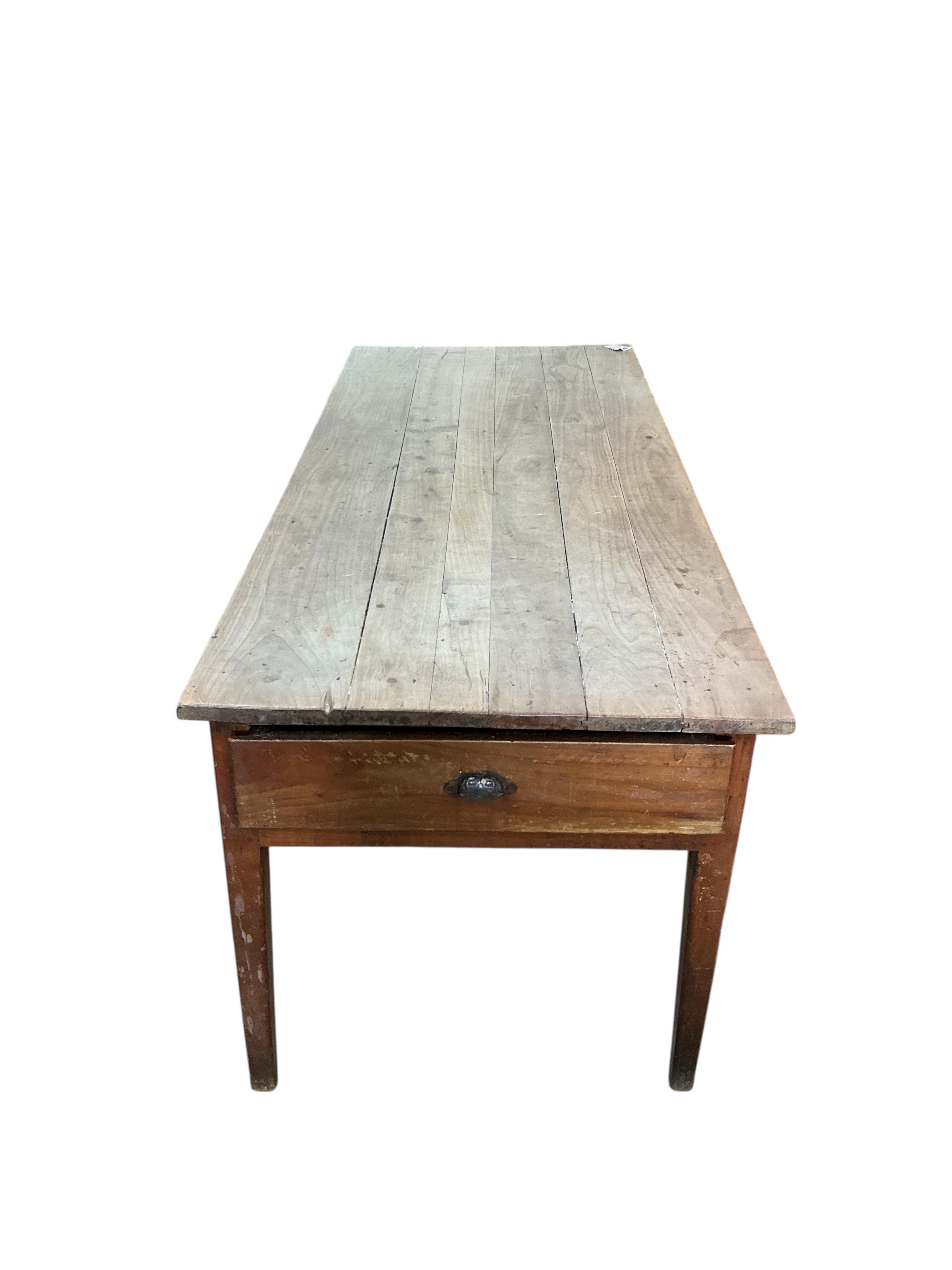A 19th century French two drawer cherry kitchen table, width 192cm, depth 80cm, height 78cm